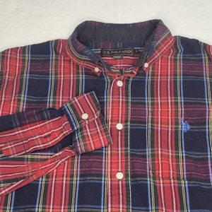 US Polo‎ Assn Shirt Mens Lg Red And Blue Plaid Casual Long Sleeve Button Up